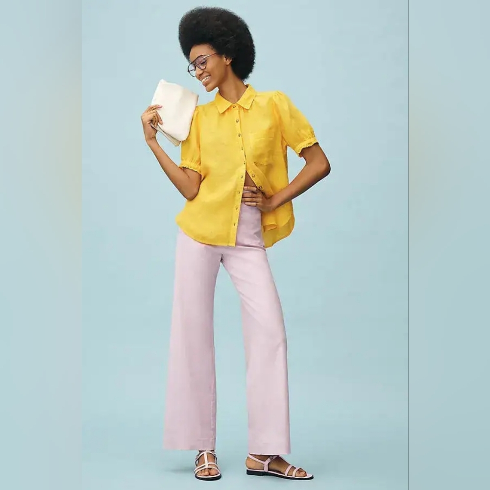 Anthropologie Pilcro The Aly Puff Sleeve Yellow Linen Button Down Shirt Medium